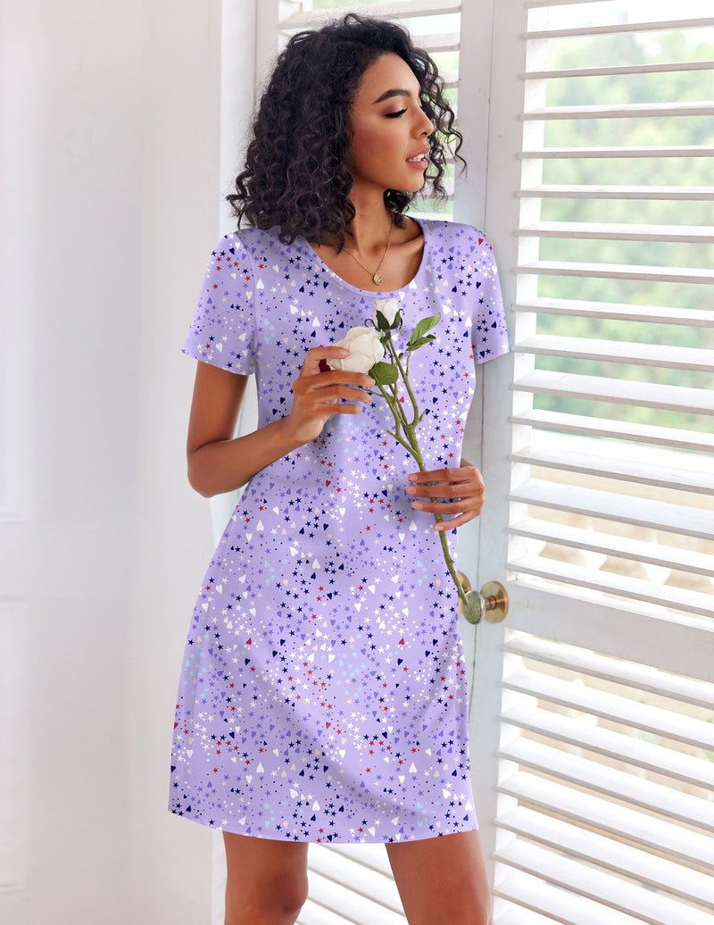 Purple star print nightgown, short sleeves, back hem slit detail