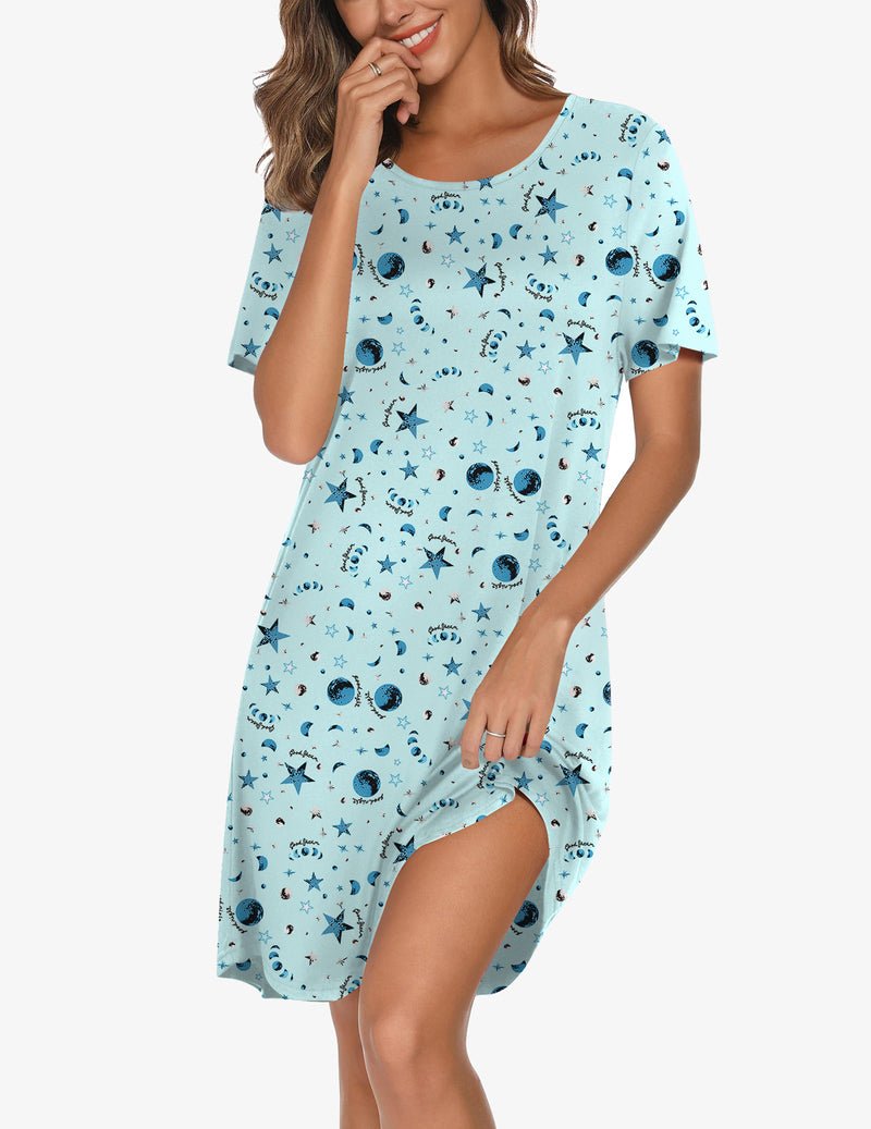 Light blue star and planet print nightgown, short sleeves