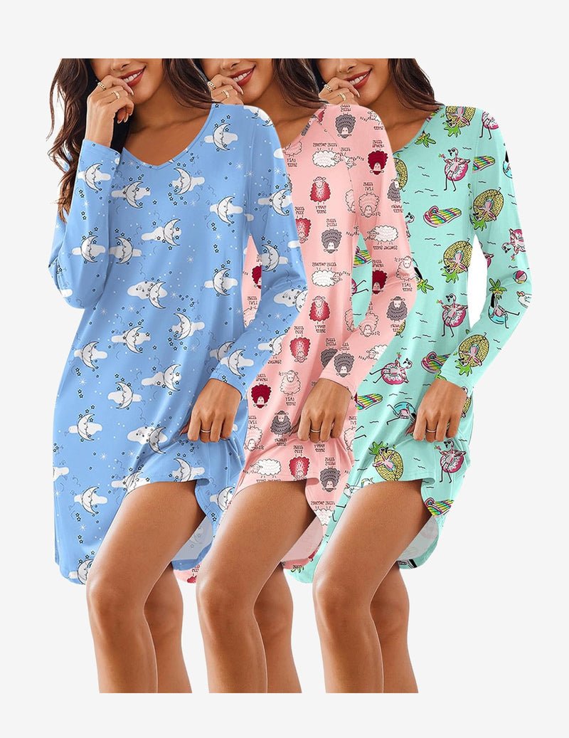 3-pack long-sleeve V-neck nightgowns, blue cute animals print