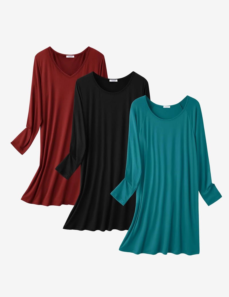 3-pack long-sleeve nightgowns: burgundy V-neck, black V-neck, teal V-neck.