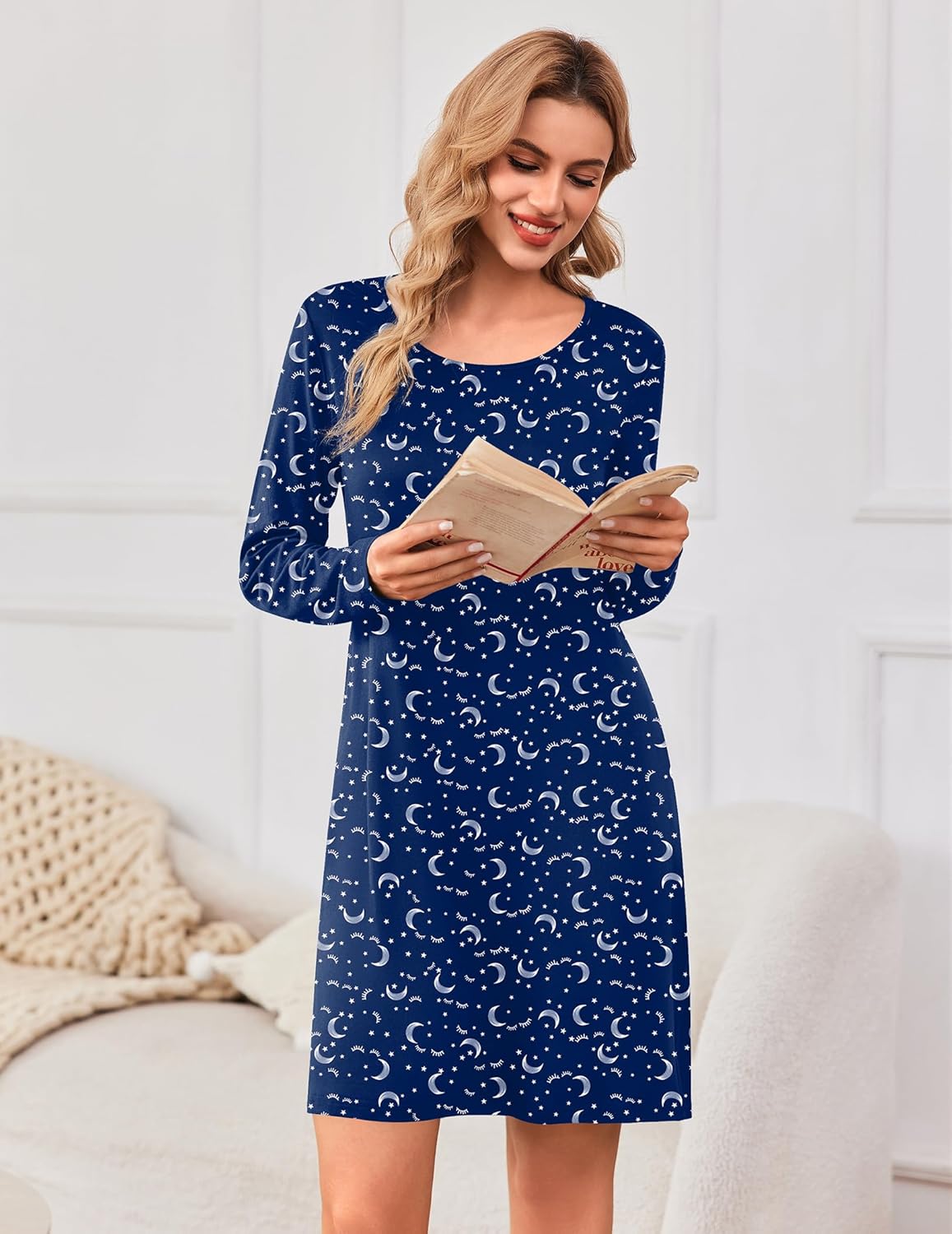 Navy long-sleeve nightgown with white celestial pattern and V-neck.