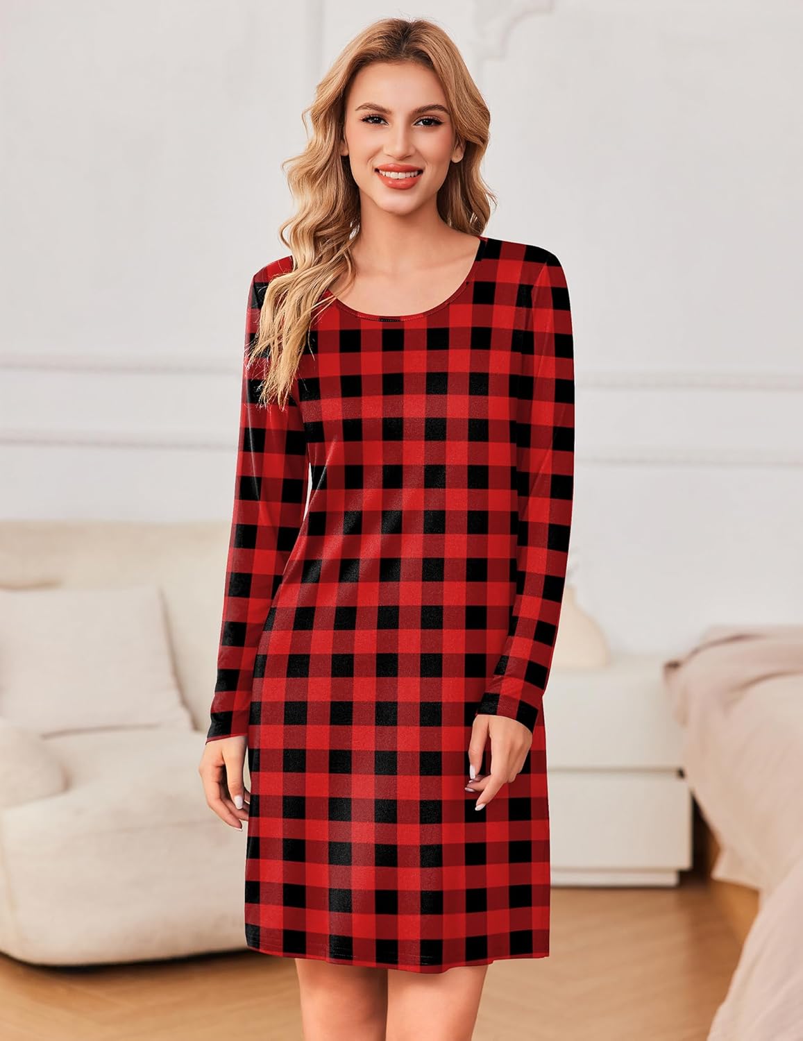 Long-sleeve nightgown in red and black plaid pattern, V-neck, knee length