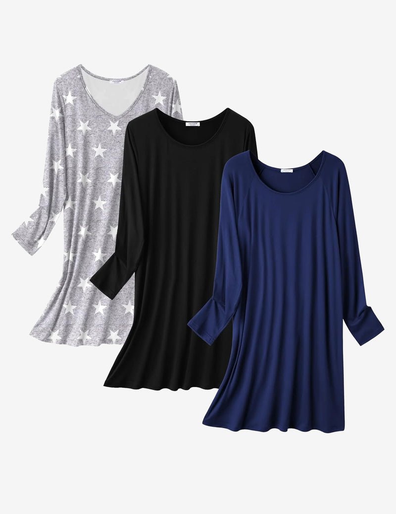 3-pack long-sleeve nightgowns: gray star print, black solid, navy solid, V-neck.