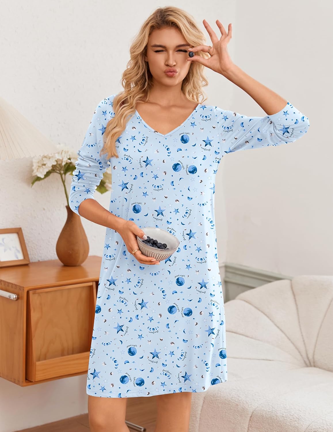 Sky-blue nightgown with constellation and planet print, long sleeves, V-neck