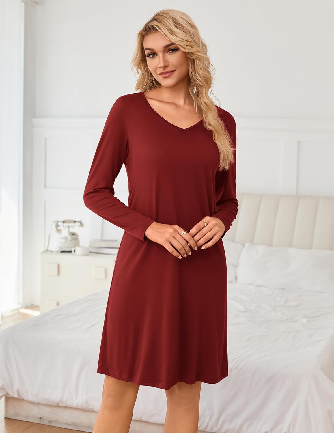 Burgundy long-sleeve nightgown, V-neck, smooth solid-color knee length