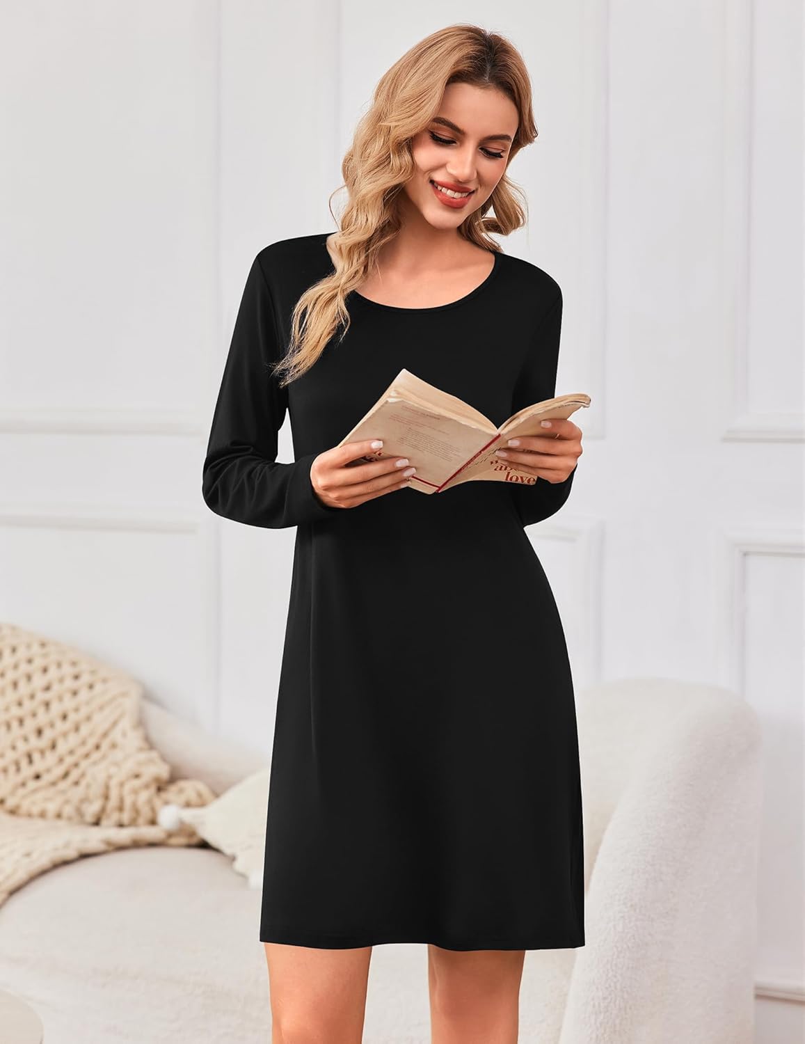 Black long-sleeve sleep nightgown with round neckline and relaxed A-line fit.
