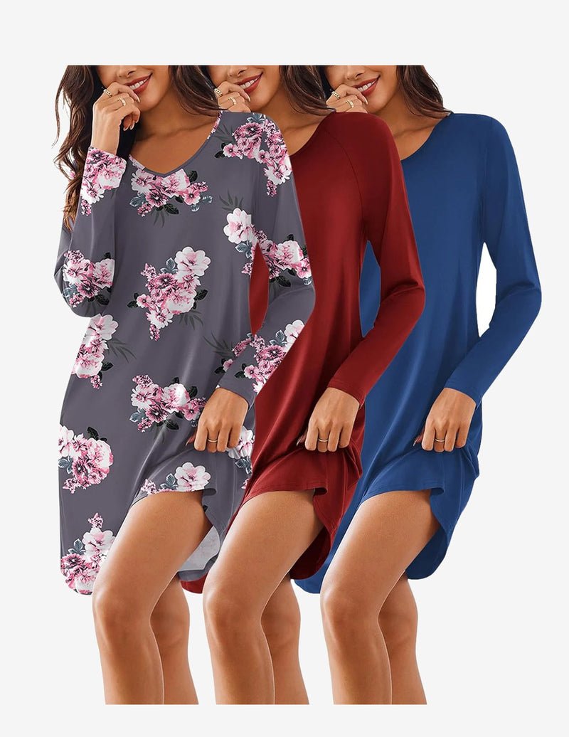 3er-Set Nachtkleider mit langen Ärmeln: blau, bordeauxrot und grau mit Blumenmuster