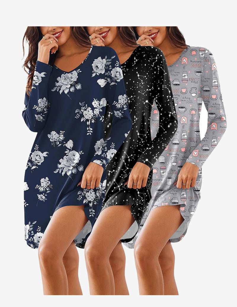3-pack long-sleeve V-neck nightgowns: navy floral, black starry, gray space icons