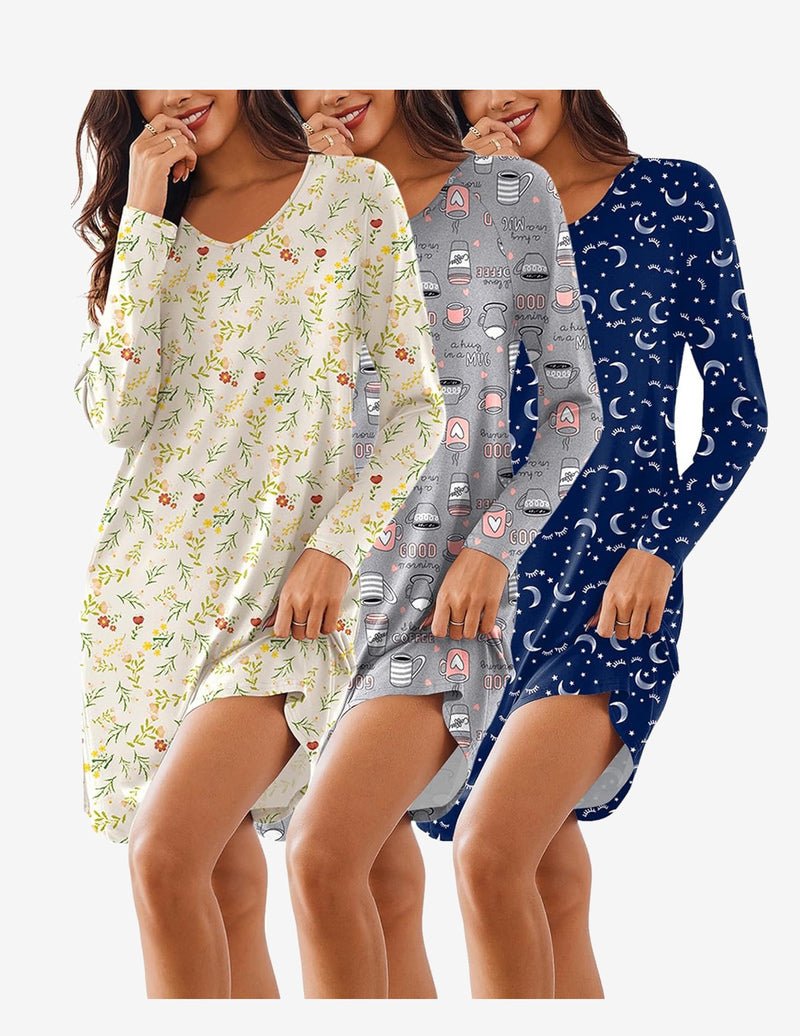 3-pack long-sleeve V-neck nightgowns: light floral, gray space icons, navy moon print