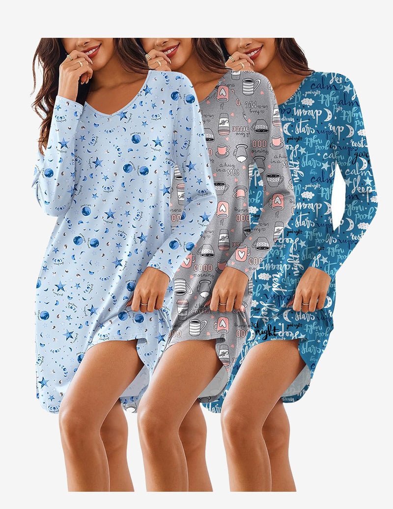 3-pack long-sleeve V-neck nightgowns: blue galaxy print, gray astronaut print, blue text print