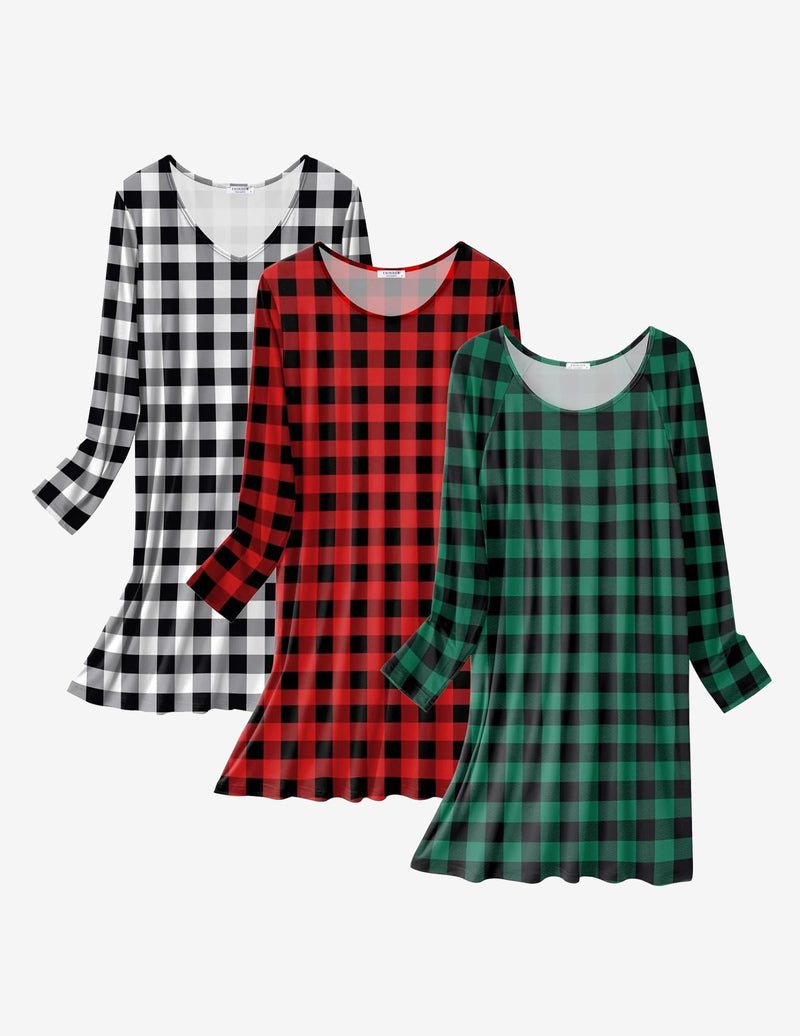 3-pack long-sleeve nightgowns: black/white plaid, red plaid, green plaid, V-neck.