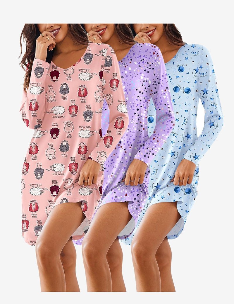 3-pack long-sleeve V-neck nightgowns with sheep, stars, and blue planet prints