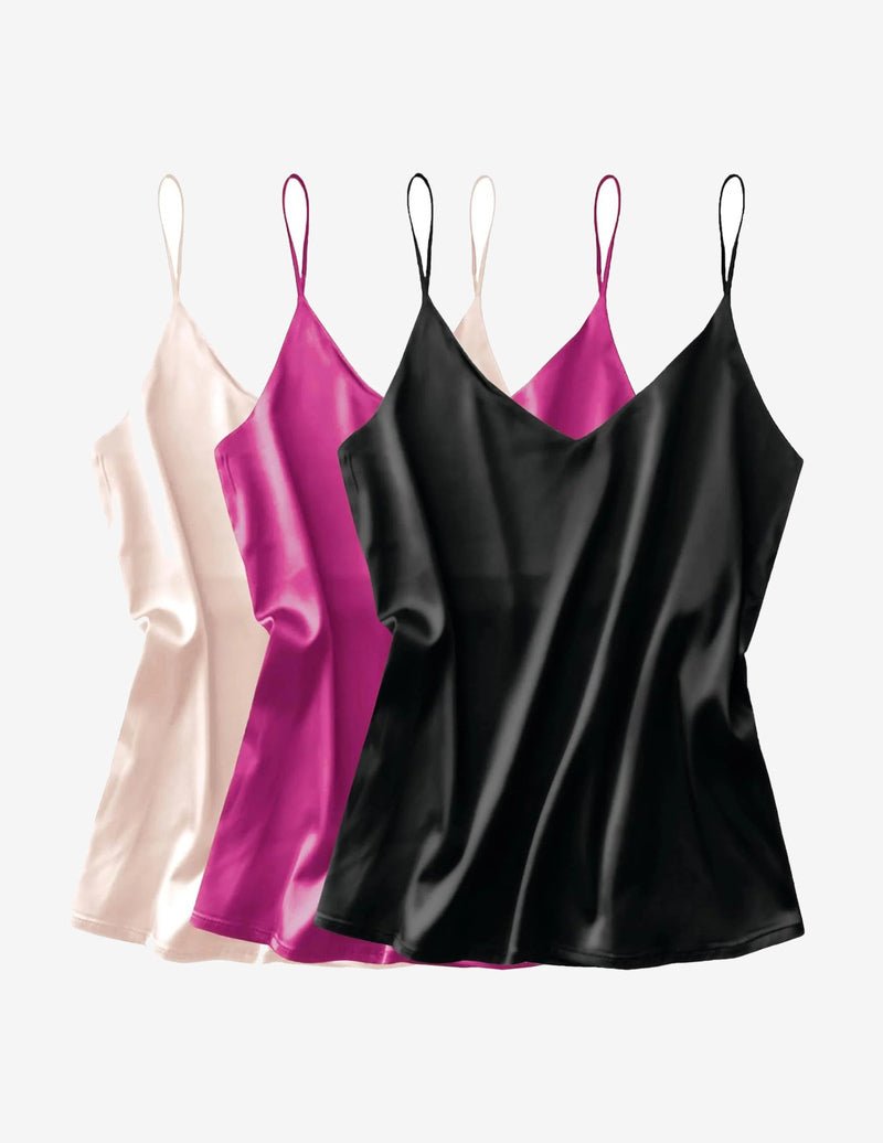3-pack silk satin V-neck camisoles, blush, fuchsia and black, spaghetti straps