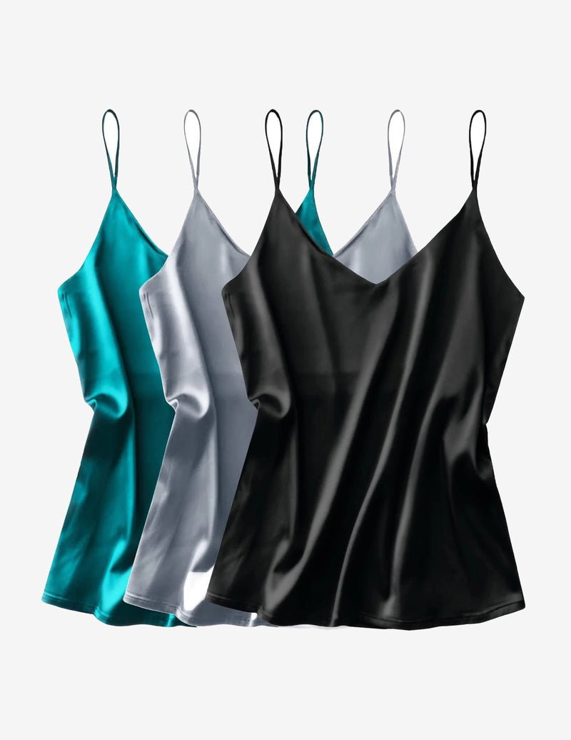 3-pack silk satin V-neck camisoles, teal, light gray and black, spaghetti straps