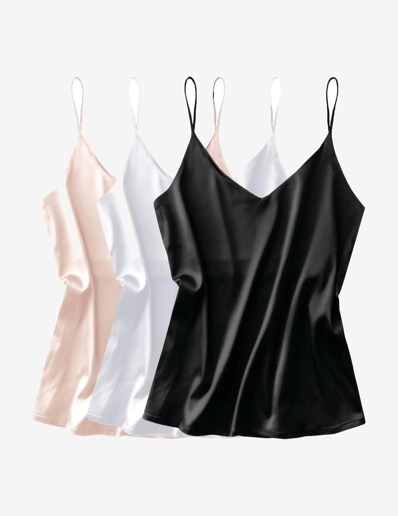 Silk satin tank tops with V-neck, 3-pack: blush, white, black