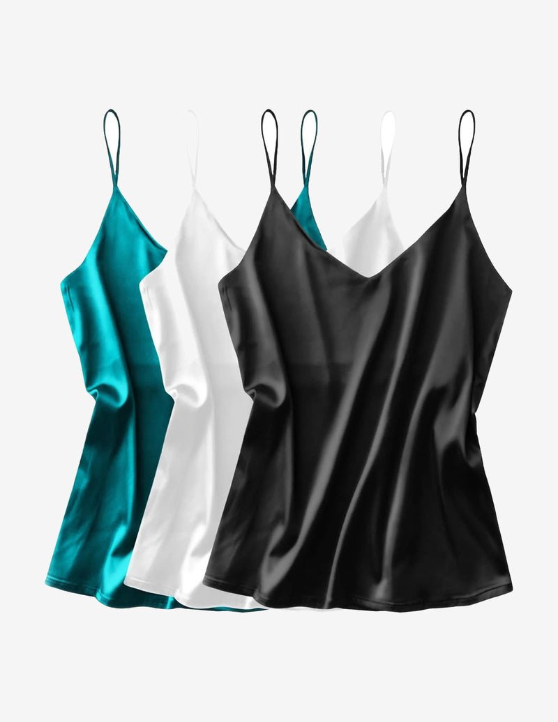 3-pack silk satin V-neck camisoles, teal, white and black, spaghetti straps