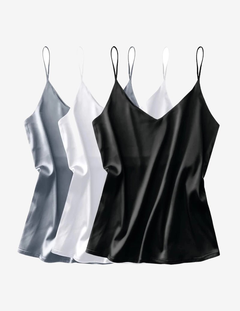 Silk satin V-neck cami, 3-pack: light blue, white, black