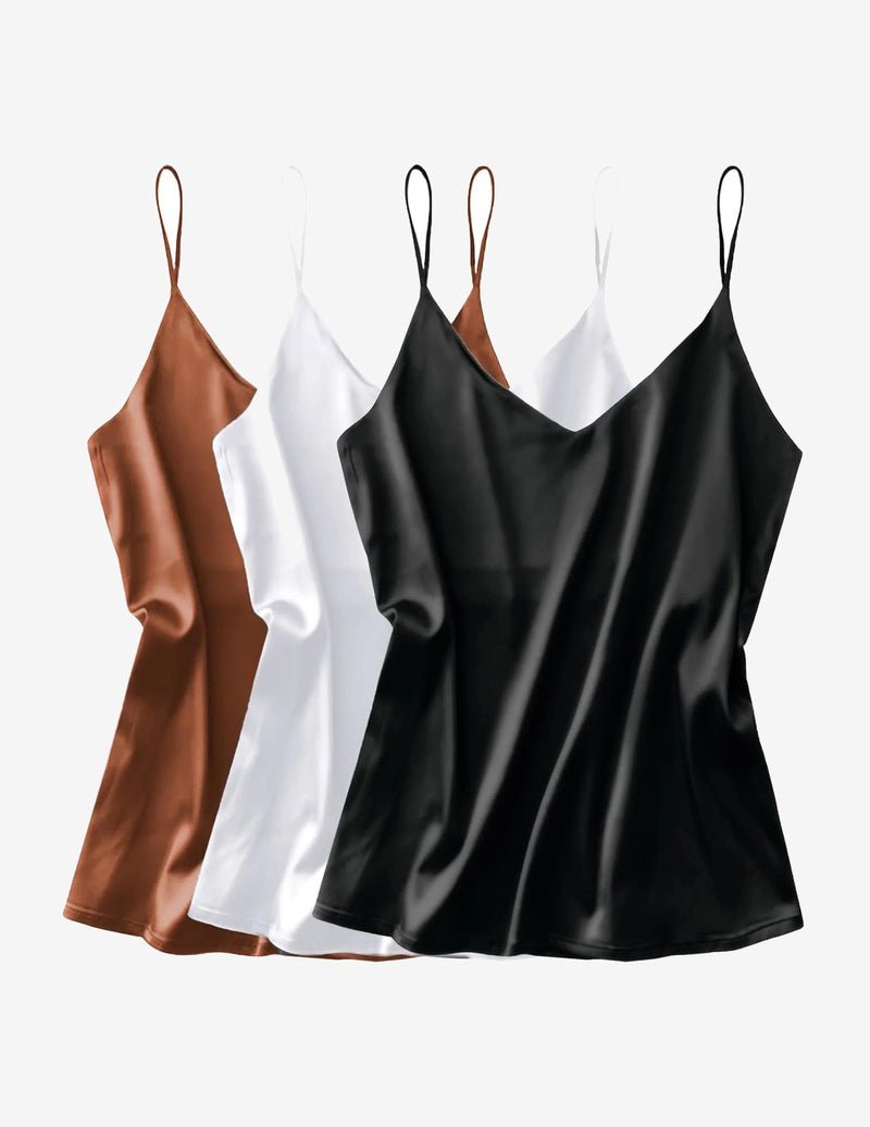 3-pack silk satin V-neck camisoles, copper, white and black, spaghetti straps