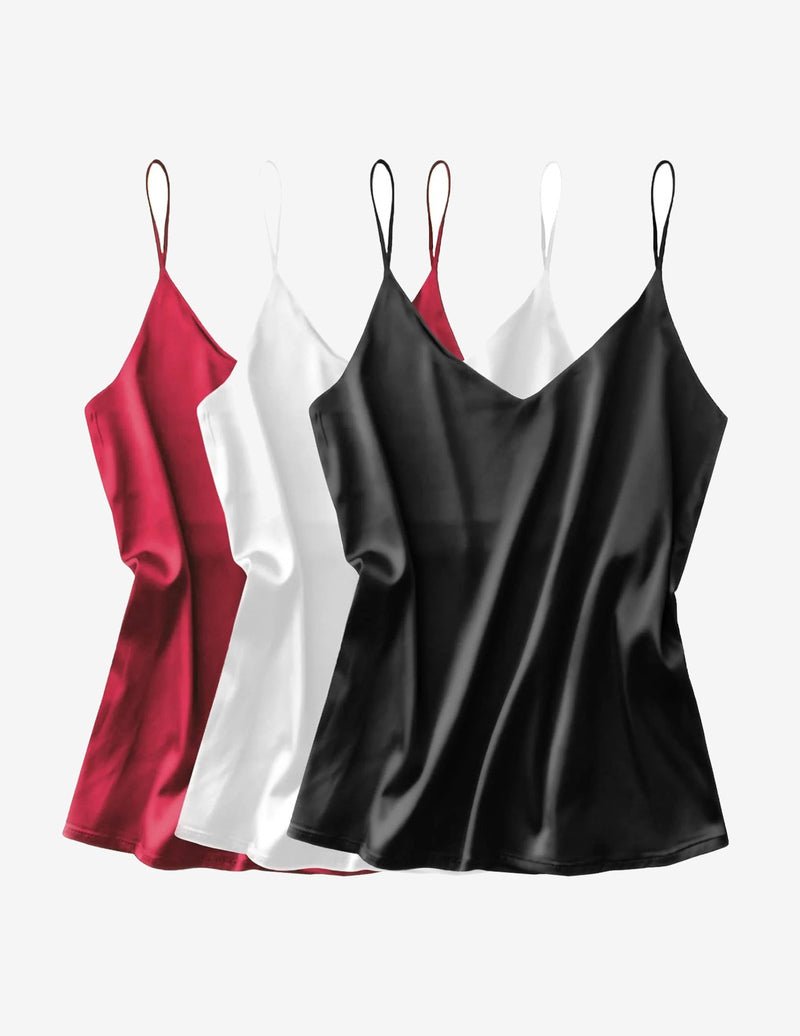 3-pack silk satin V-neck camisoles, burgundy, white and black, spaghetti straps