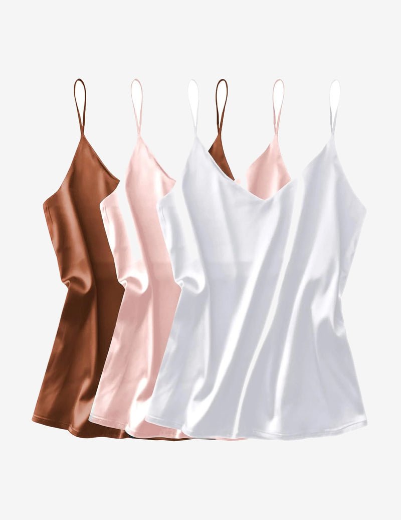 3-pack silk satin V-neck camisoles, brown, pale pink and white, spaghetti straps