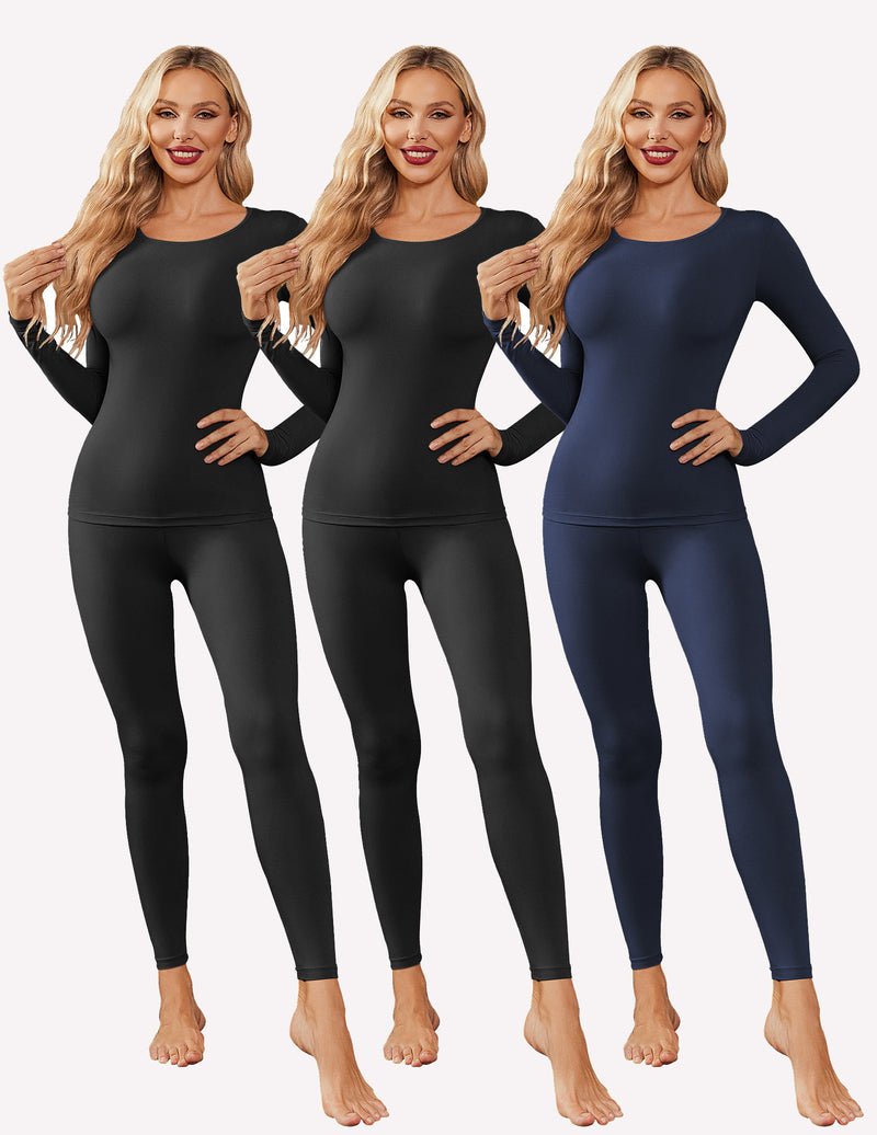3-pack thermal sets: black long-sleeve top and leggings, plus navy blue long-sleeve set