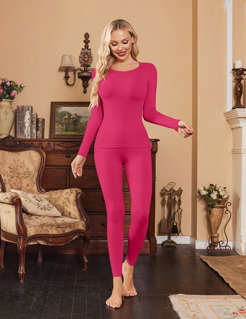 Hot pink thermal long-sleeve top with matching leggings, fitted cold-weather set