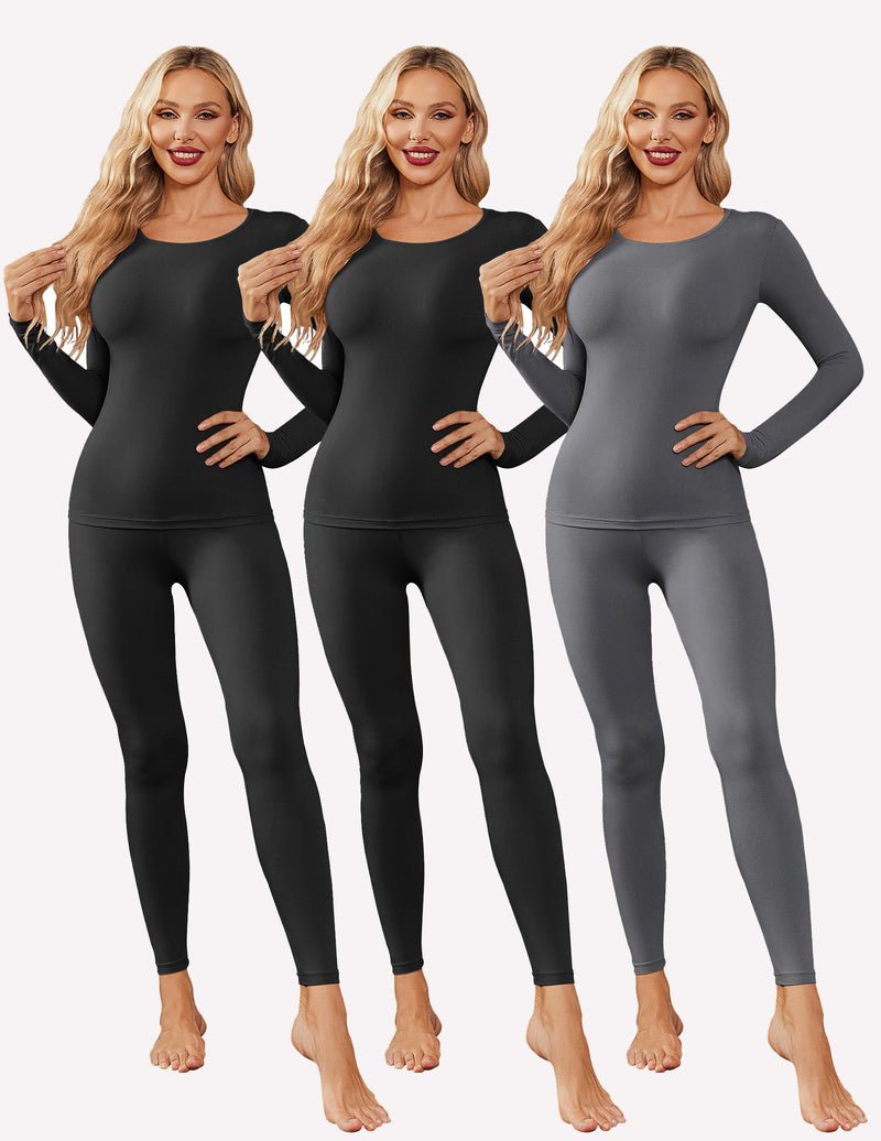 3-pack thermal sets: black long-sleeve top with leggings, plus matching charcoal grey set