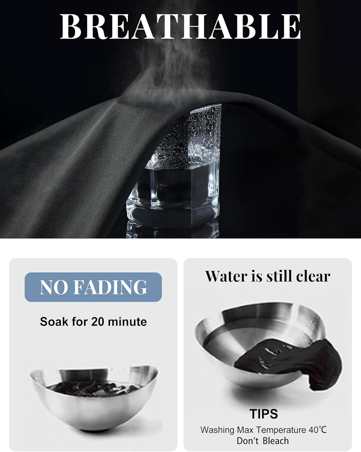 Thermal fabric care graphic: breathable, no fading, soak 20 minutes, wash max 40°C