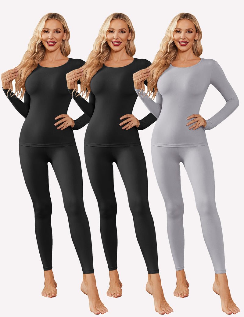 Thermal cold-weather set, long-sleeve top and leggings in black, black, and light gray (3-pack)