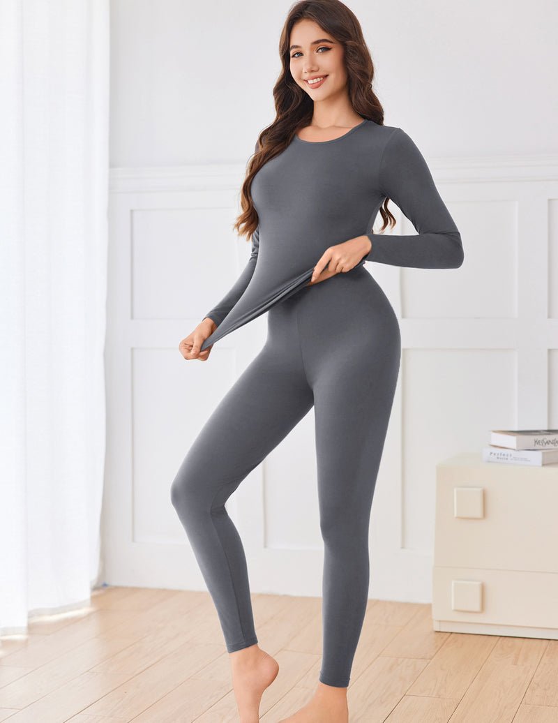Gray thermal set with long-sleeve top and full-length leggings, fitted stretch fabric