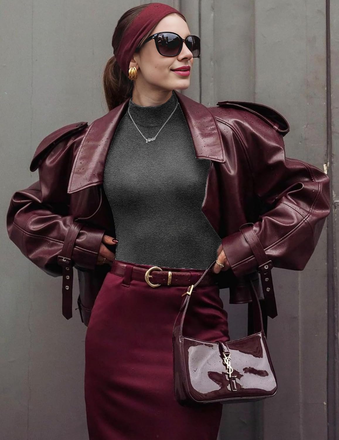 Charcoal long-sleeve mock turtleneck shirt