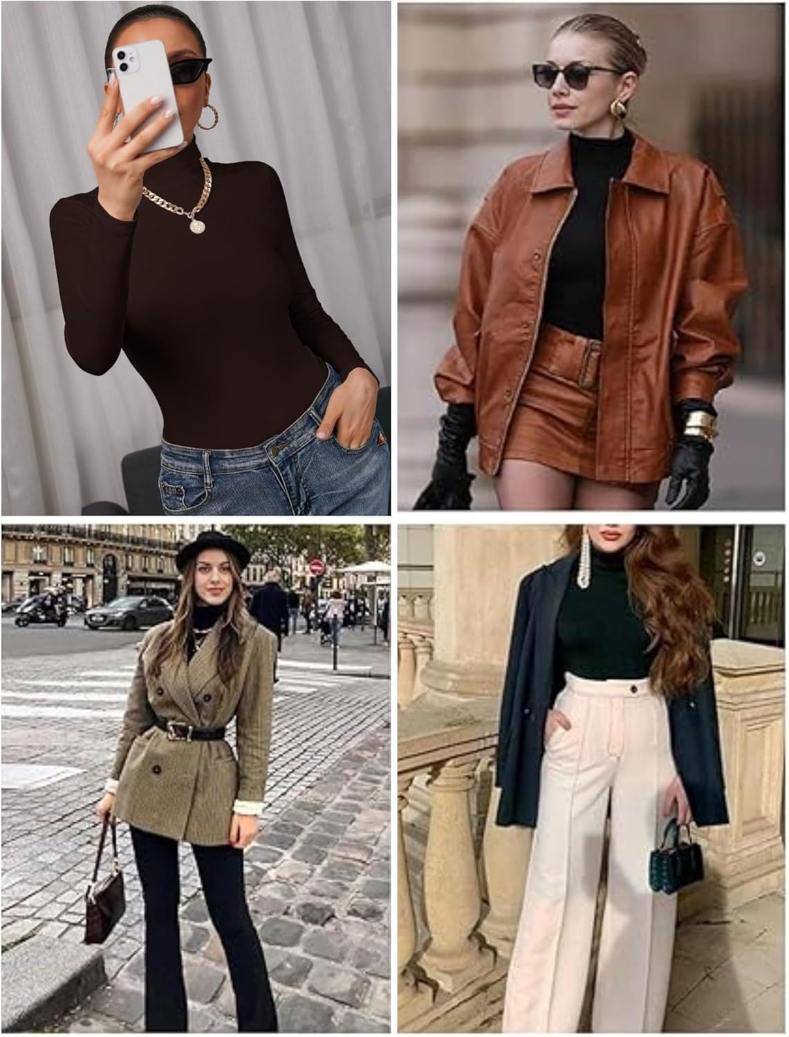 Long-sleeve mock turtleneck tops in dark shades
