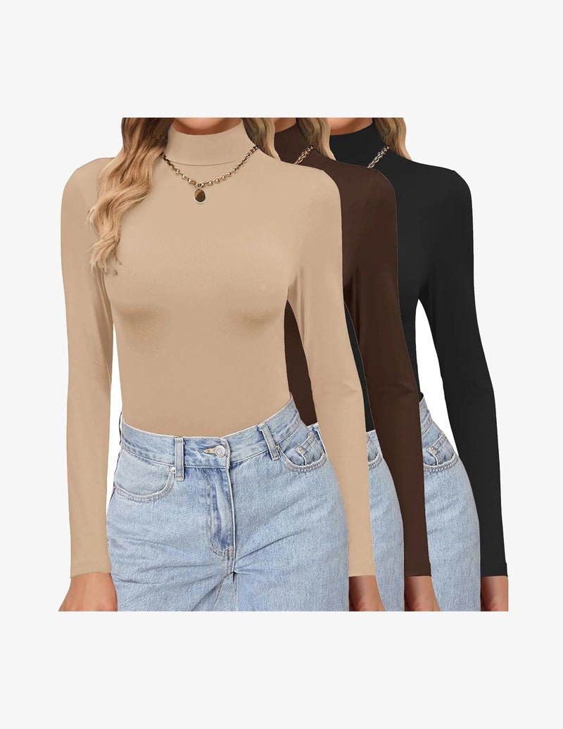 3-pack mock turtleneck long-sleeve tops in tan, dark brown and black