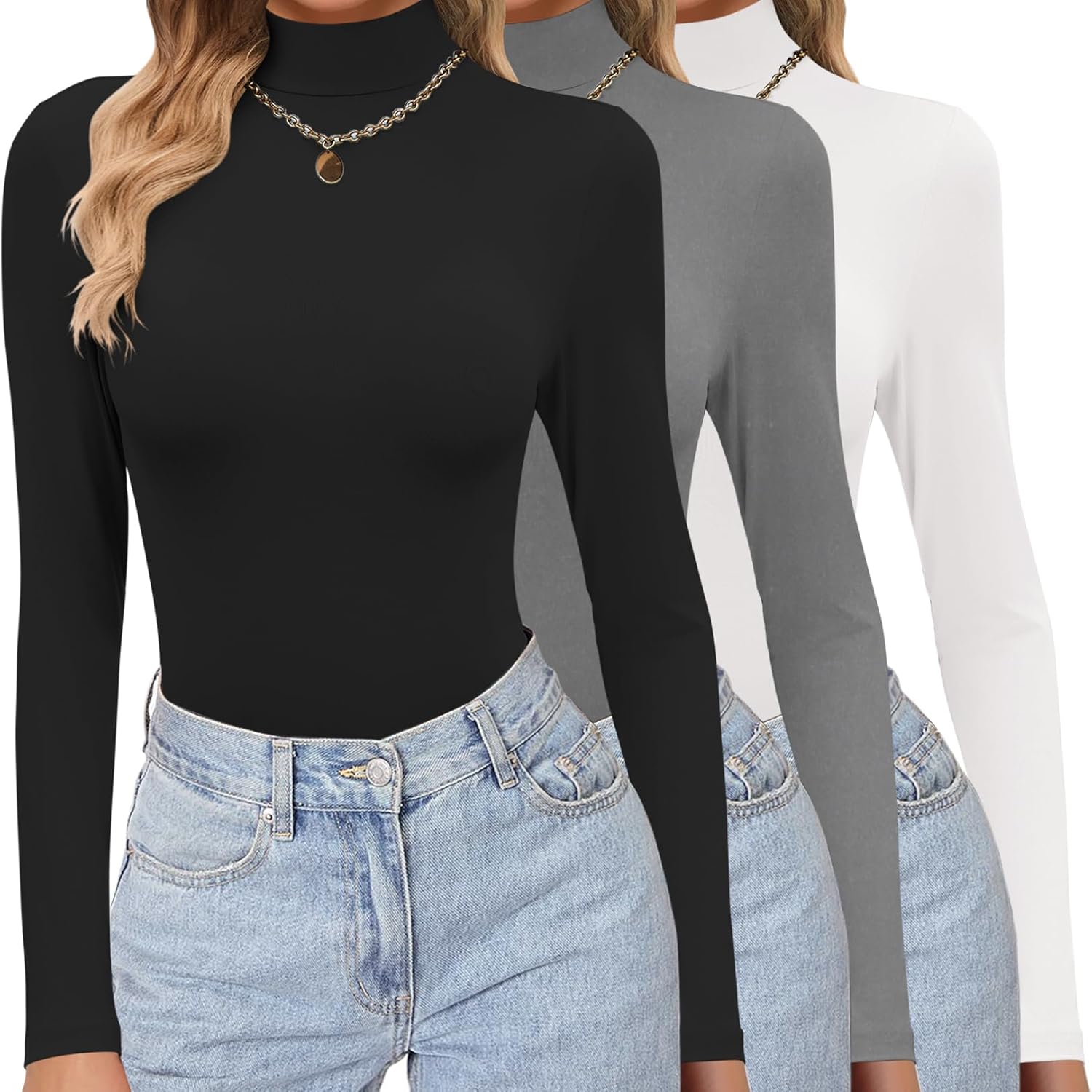3-pack mock turtleneck long-sleeve tops in black, gray and white