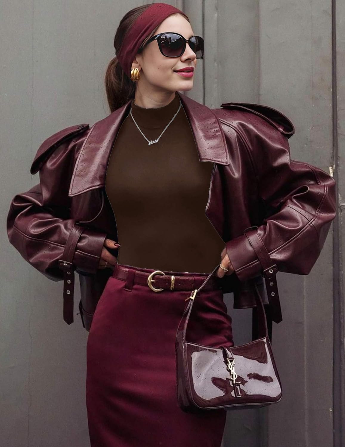Brown long-sleeve mock turtleneck shirt