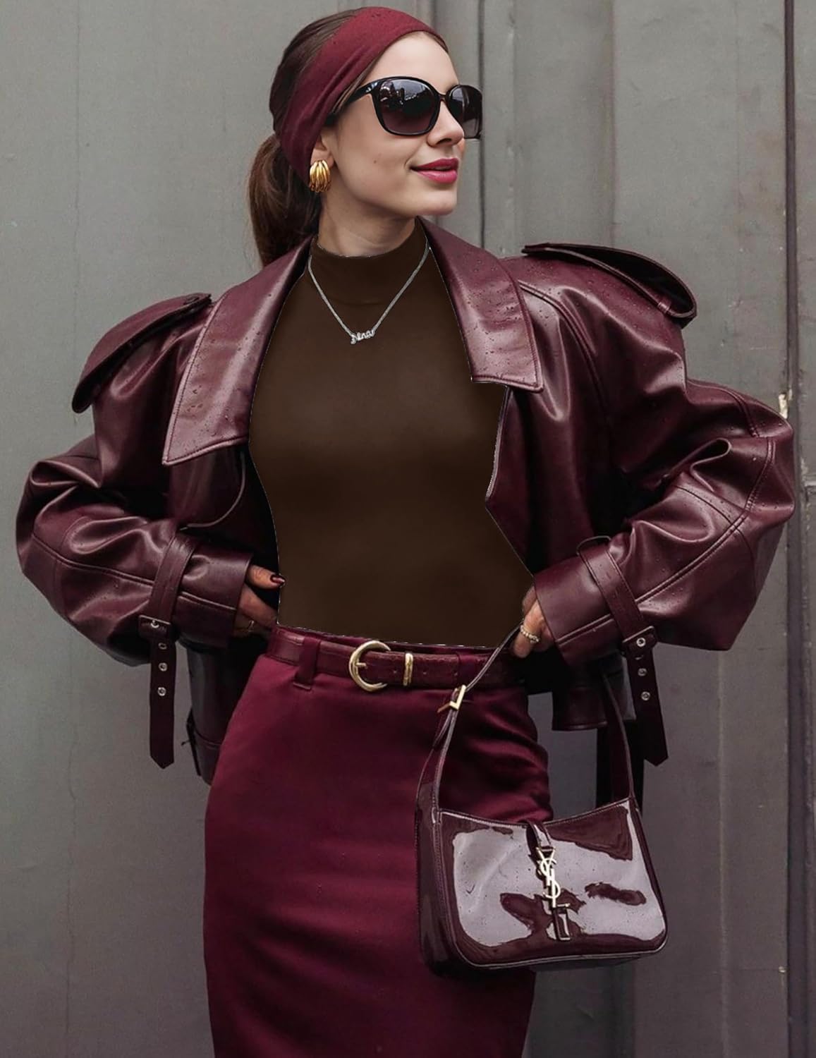 Dark brown long-sleeve mock turtleneck top