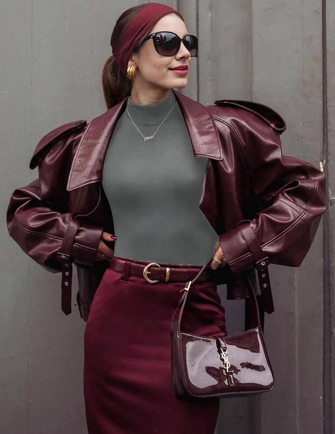 Charcoal gray long-sleeve mock turtleneck top