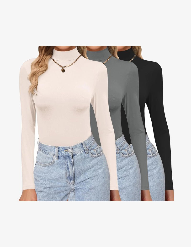 Pack long-sleeve mock turtleneck tops: white, gray, black