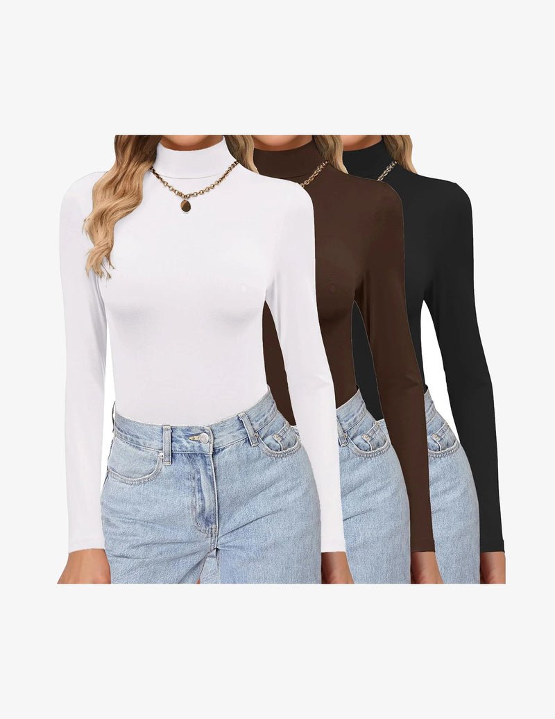 Pack long-sleeve mock turtleneck tops: white, brown, black