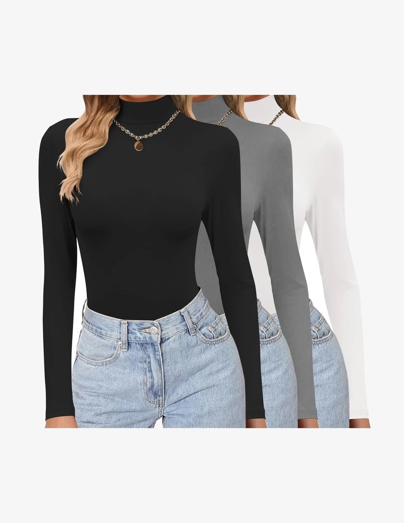 Pack long-sleeve mock turtleneck tops: black, gray, white