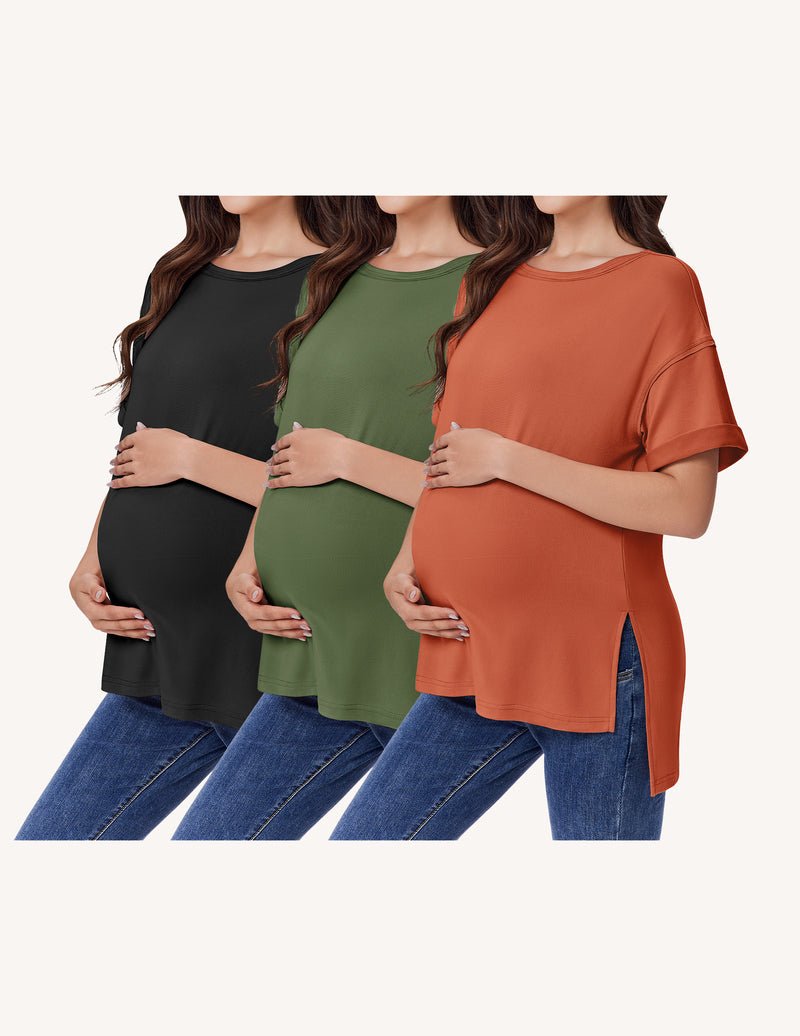 3-pack maternity shirts, short-sleeve oversized with side split: black, olive green, terracotta