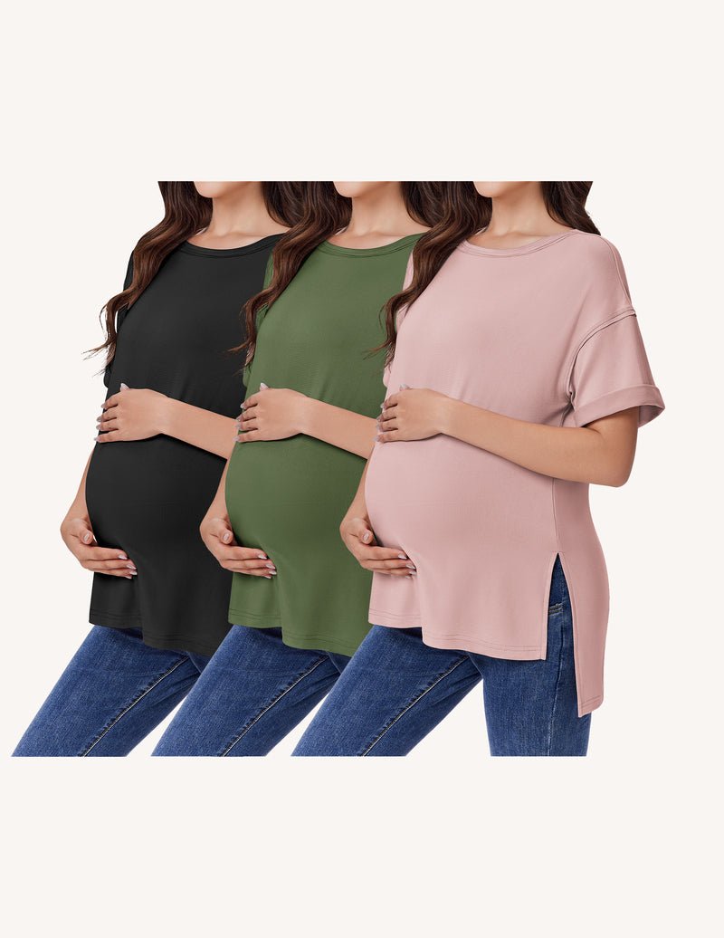 3-pack maternity shirts, short-sleeve oversized, side split: black, green, mauve pink