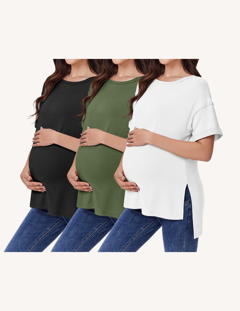 3-pack maternity shirts, short-sleeve oversized with side split: black, olive green, white