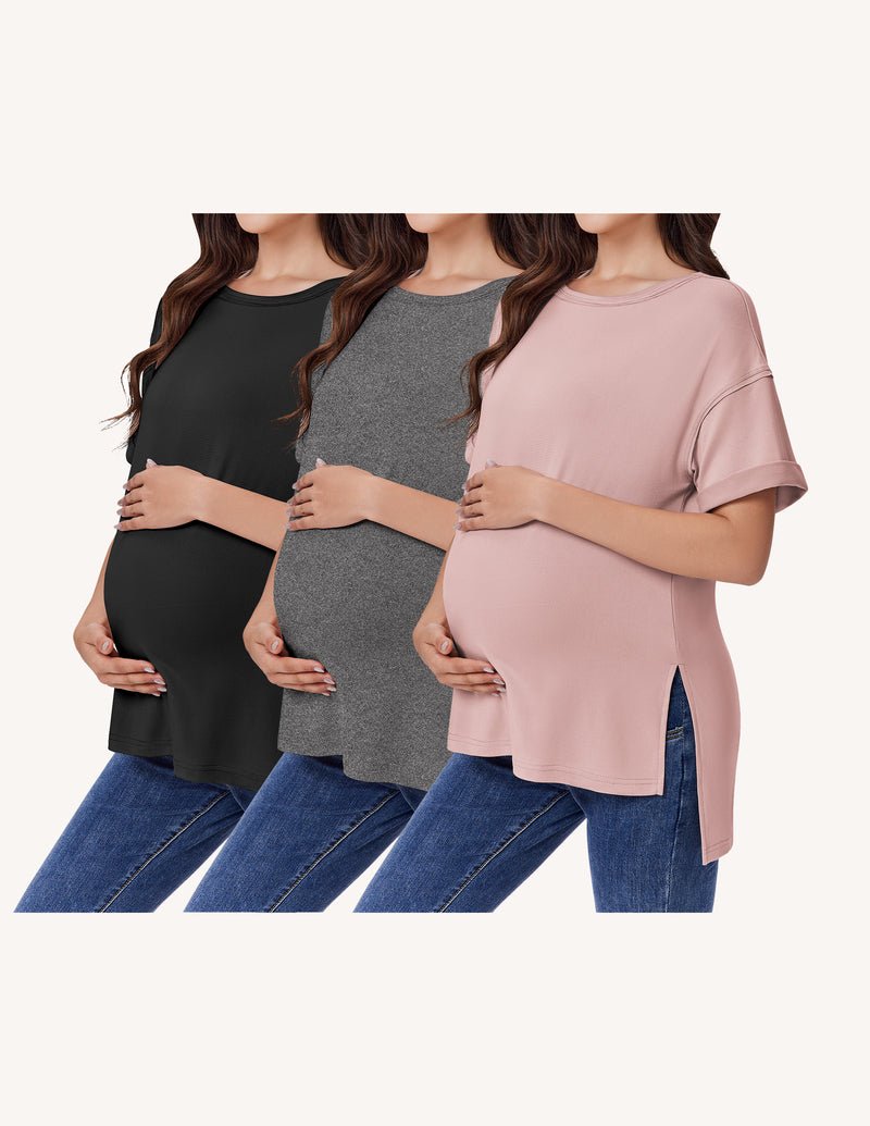 Ekouaer 3-pack maternity shirts, short-sleeve oversized, side split: black, gray, dusty pink