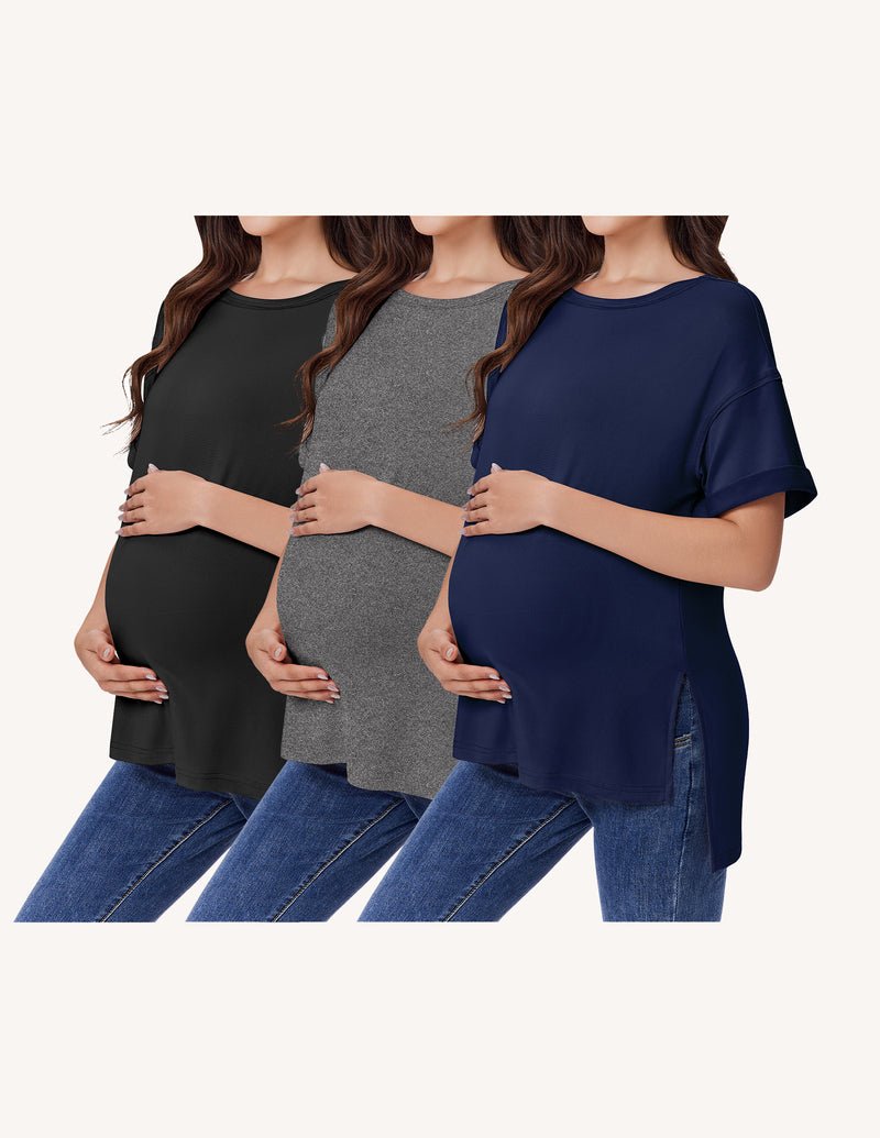 3-pack maternity shirts, short-sleeve oversized with side split: black, heather gray, navy blue