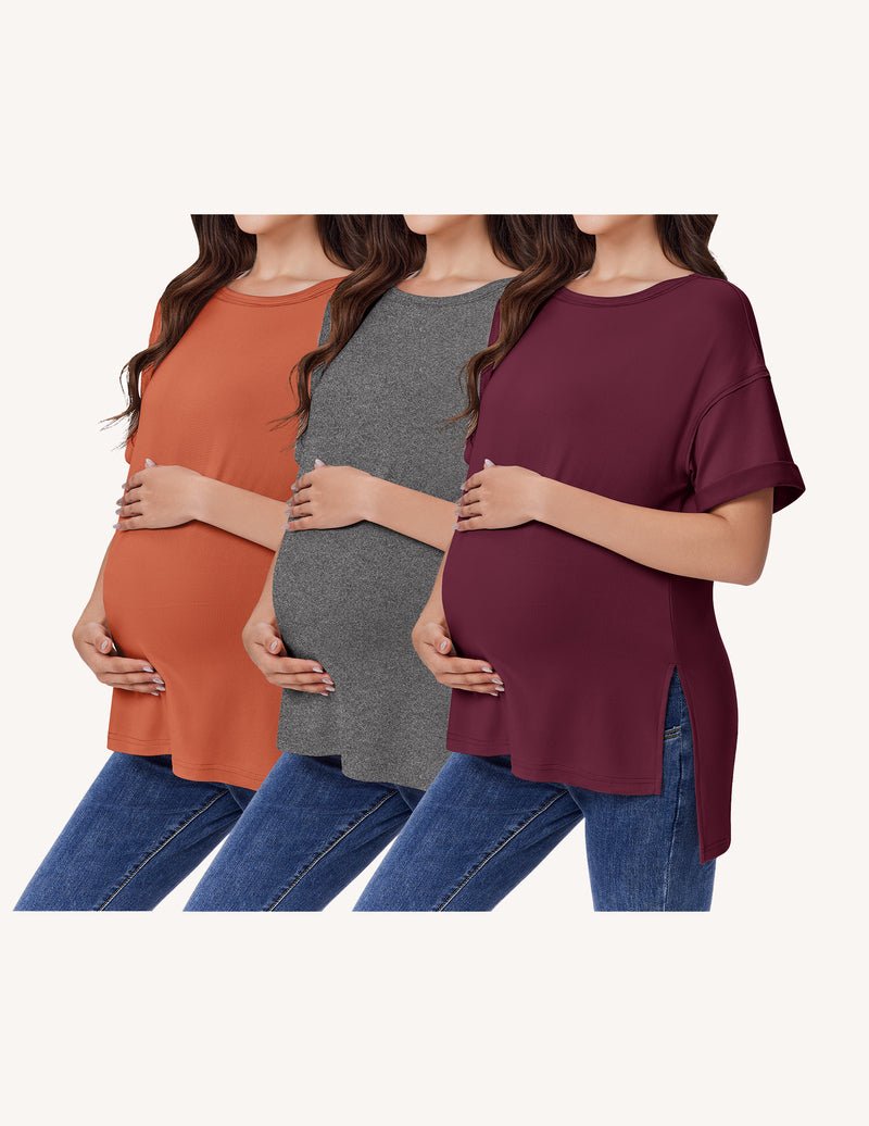 3-pack maternity shirts, short-sleeve oversized, side split: rust orange, heather gray, plum