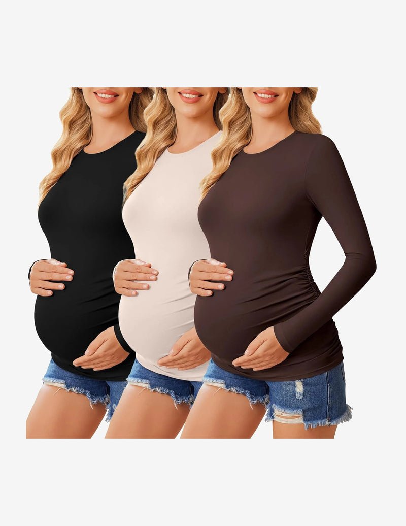 3-pack long sleeve maternity shirts: black, white, and dark brown with ruched sides