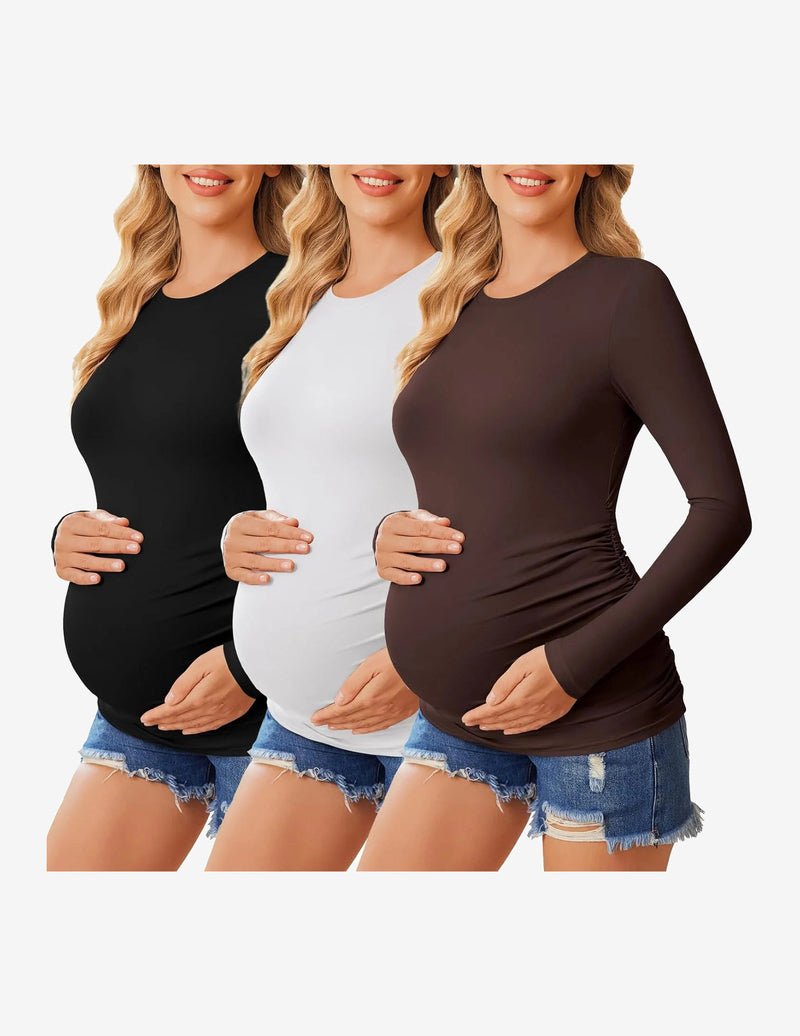 3er-Pack Umstands-Shirts langarm, Schwarz/Weiß/Dunkelbraun, figurbetont