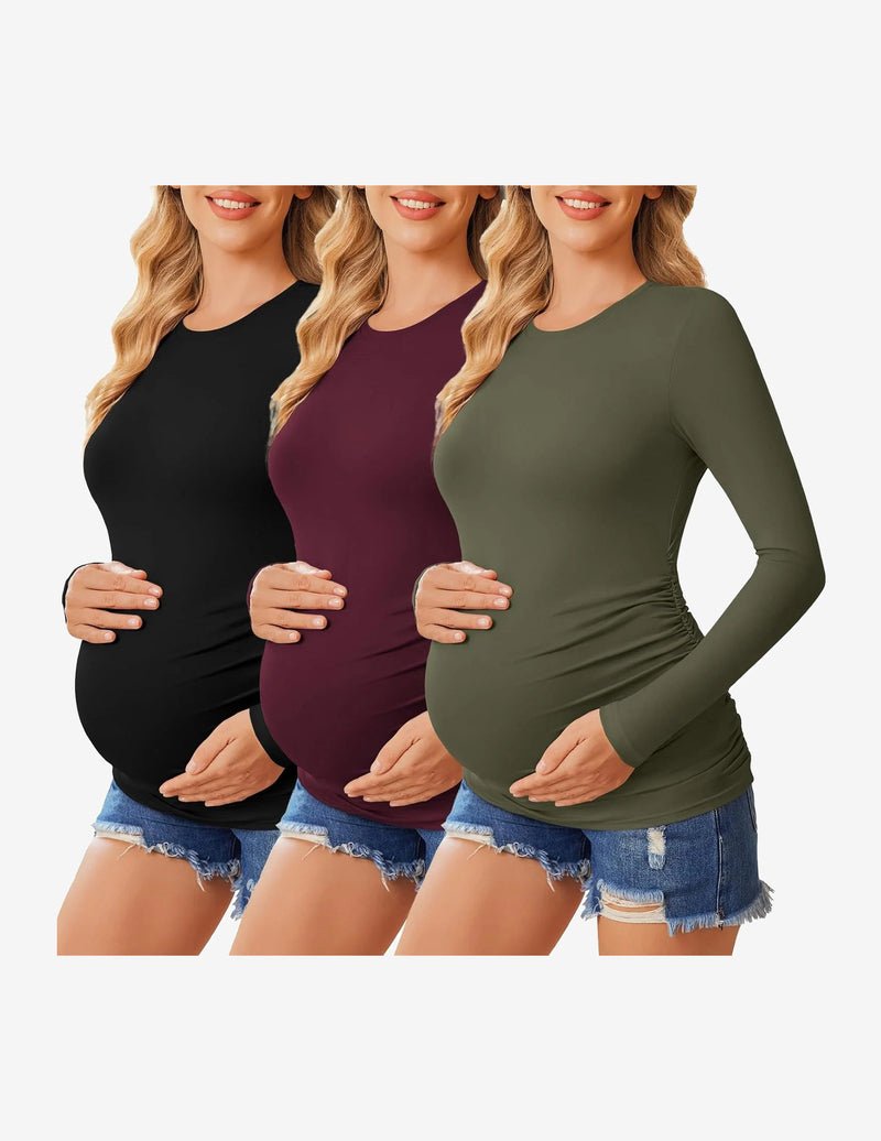 3er-Pack Umstands-Shirts langarm, Schwarz/Bordeaux/Olivegrün, figurbetont