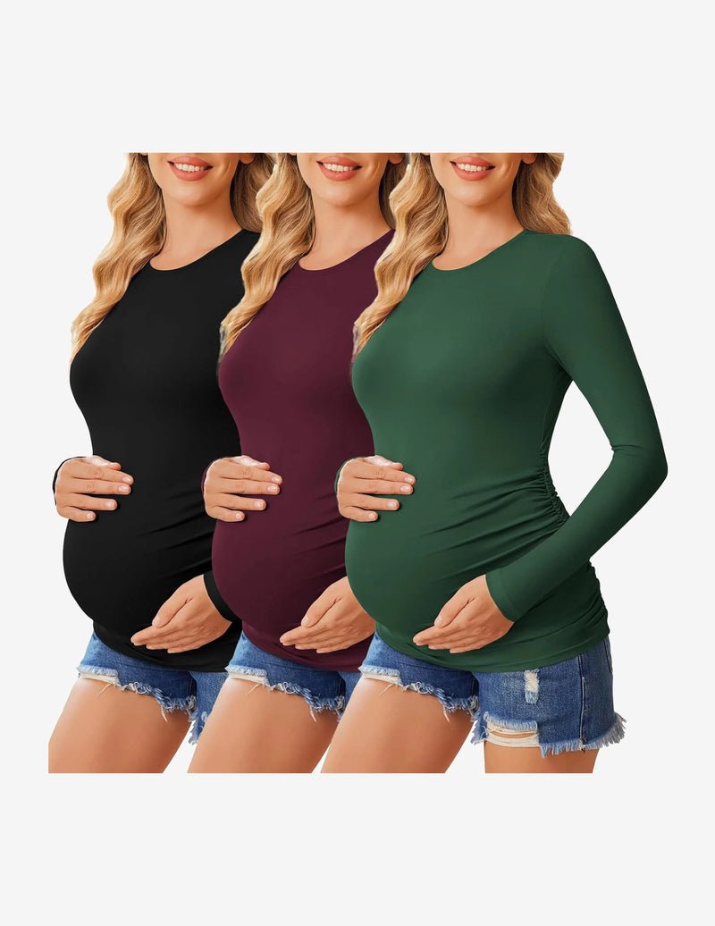 3-pack long sleeve maternity shirts: black, burgundy, and dark green with side ruching